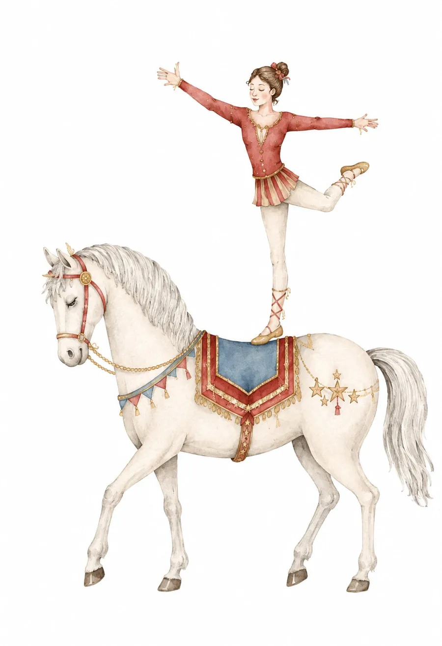 Niña acróbata de traje rojo y falda a rayas hace equilibrio en un pie sobre un caballo blanco engalanado con manta, banderines y estrellas doradas; acuarela vintage en blanco, rojo y dorado.