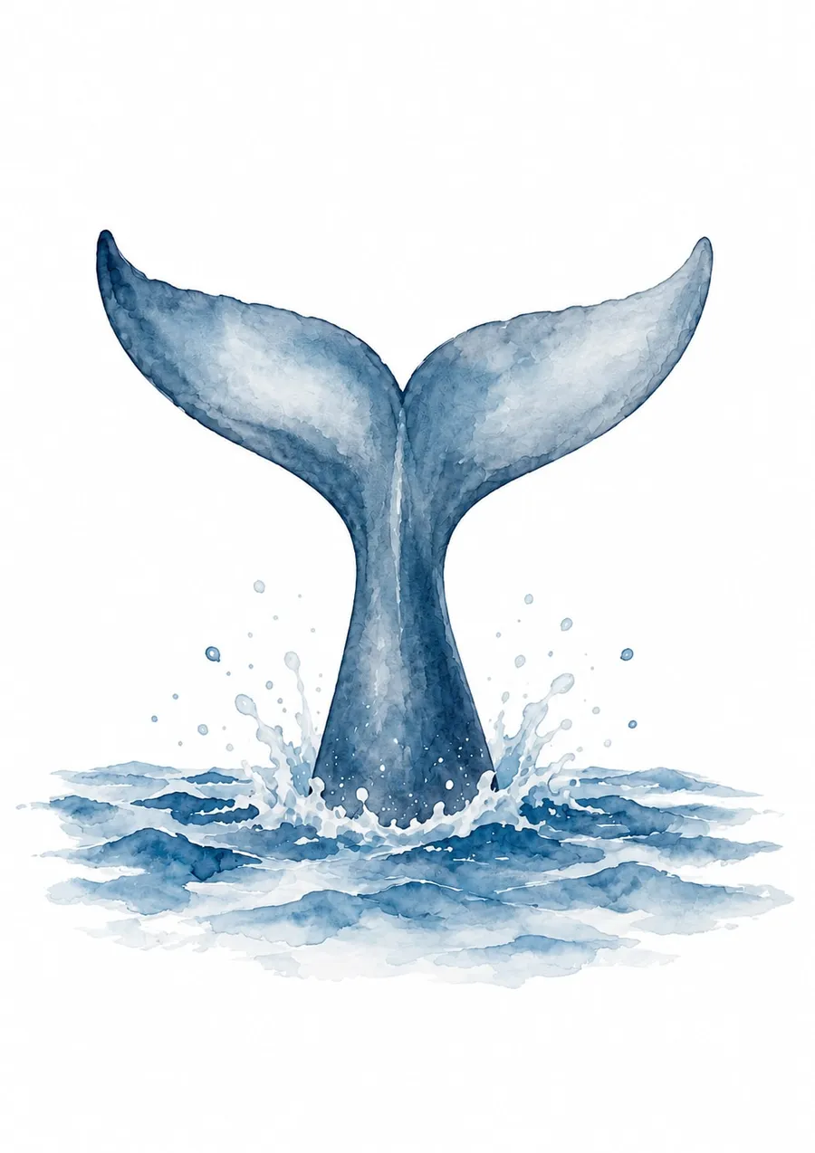 Cola de ballena alzada en vertical sobre el agua entre gotas y salpicaduras, acuarela azul índigo sobre fondo blanco