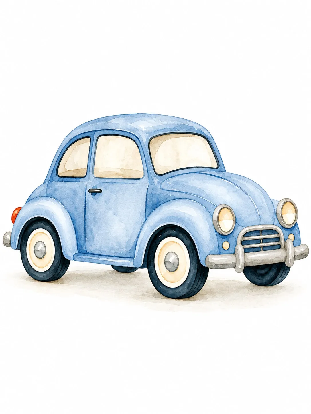 Auto clásico azul pastel con faros redondos y parachoques plateado, acuarela sobre fondo blanco