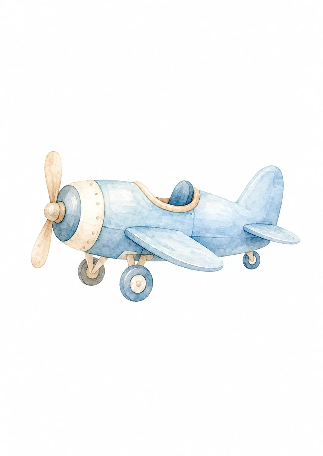 Avioneta de juguete azul pastel con hélice de madera y morro crema, volando en acuarela