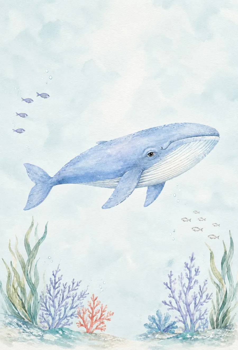 Ballena azul nadando plácida sobre un fondo de algas y corales lila, con pececitos y burbujas, acuarela celeste