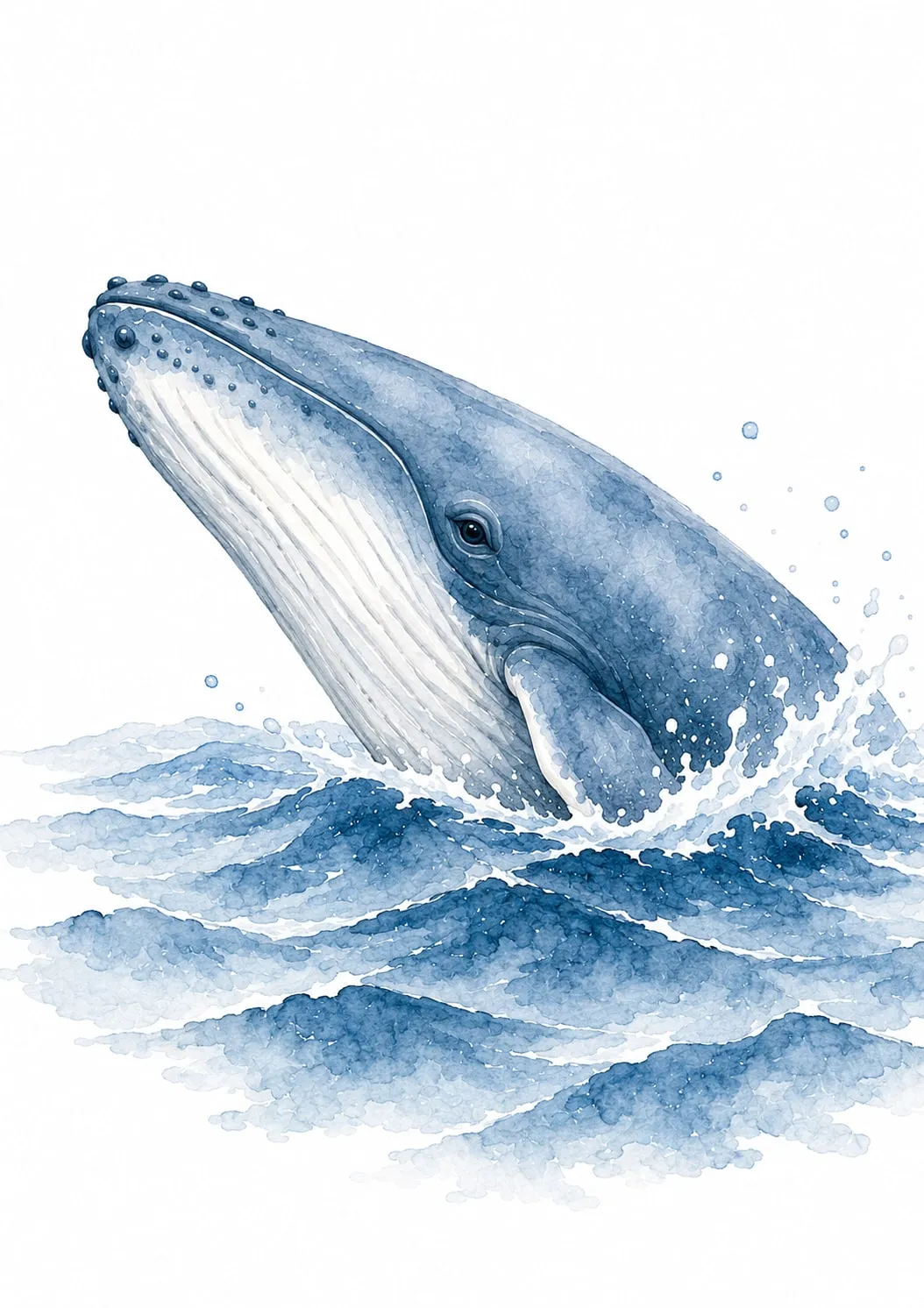 Ballena jorobada emergiendo del oleaje con la garganta plisada visible, acuarela azul índigo sobre fondo blanco