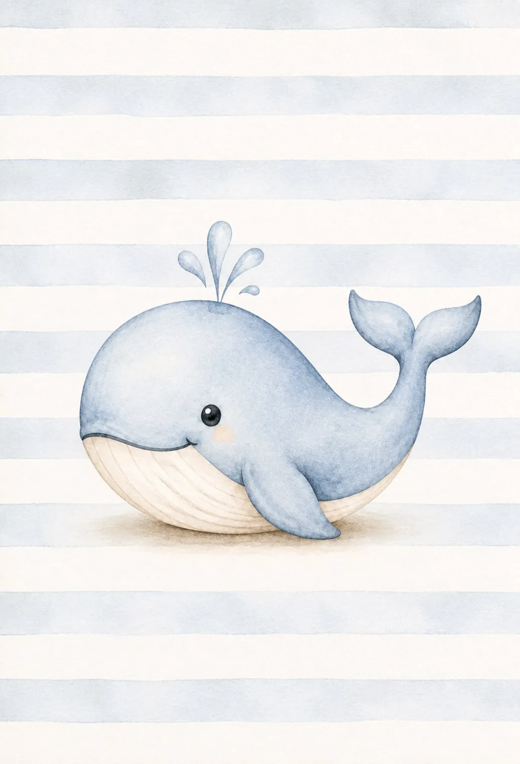 Ballenita celeste regordeta con panza crema lanzando un chorrito de agua, dibujo de trazo redondeado sobre fondo de franjas marineras celestes y crema