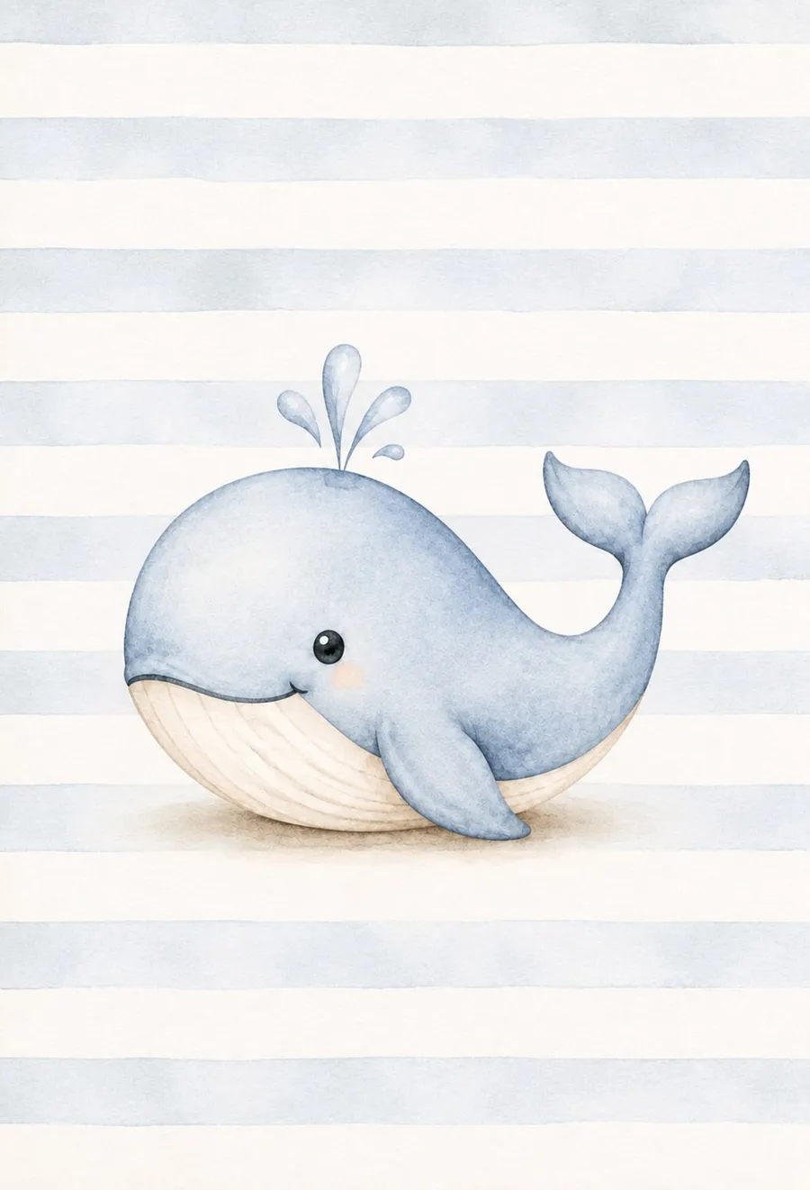 Ballenita celeste regordeta con panza crema lanzando un chorrito de agua, dibujo de trazo redondeado sobre fondo de franjas marineras celestes y crema
