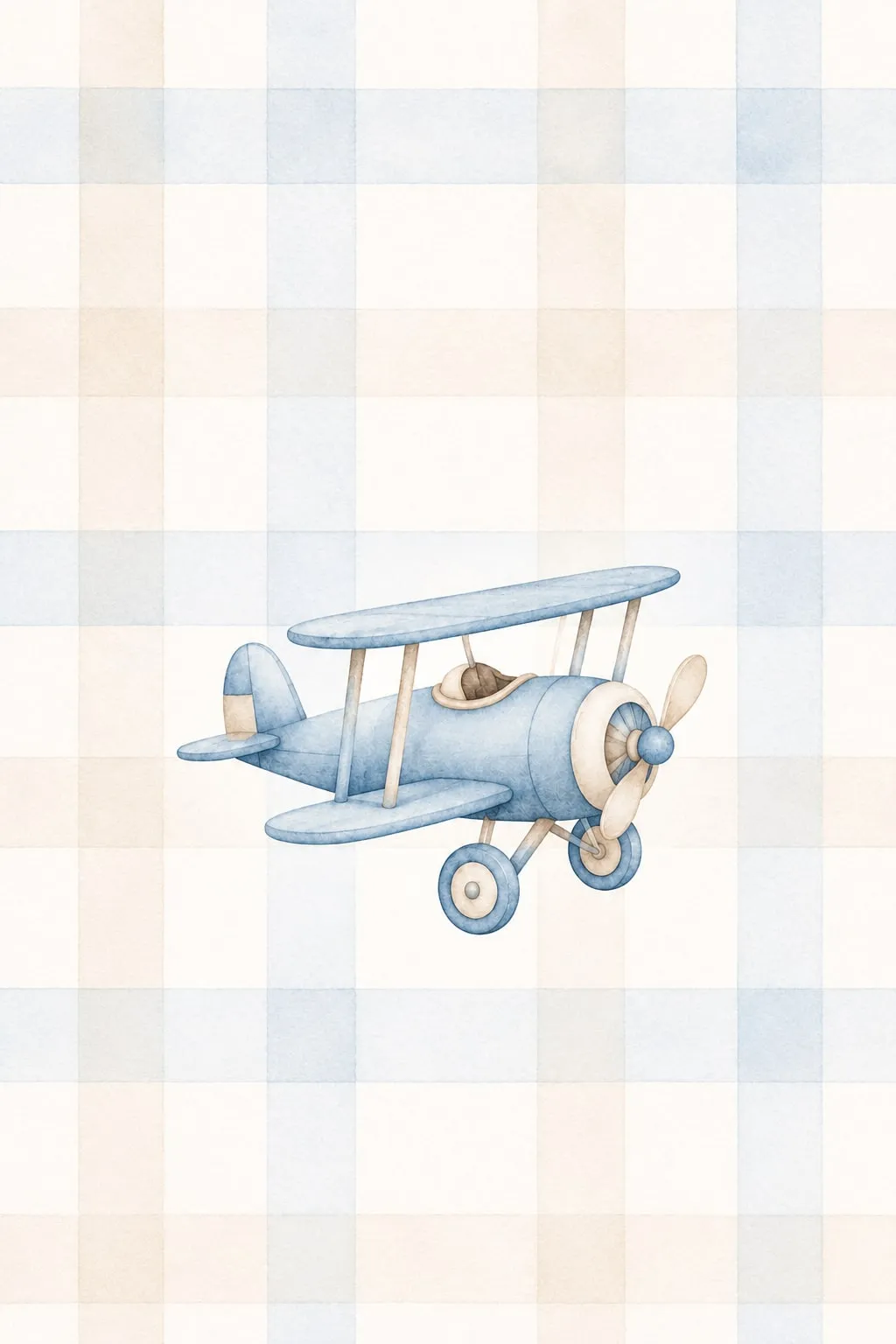 Biplano azul de alas beige volando sobre fondo de cuadros crema y celeste, acuarela infantil