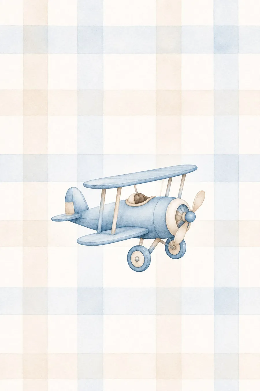 Biplano azul de alas beige volando sobre fondo de cuadros crema y celeste, acuarela infantil