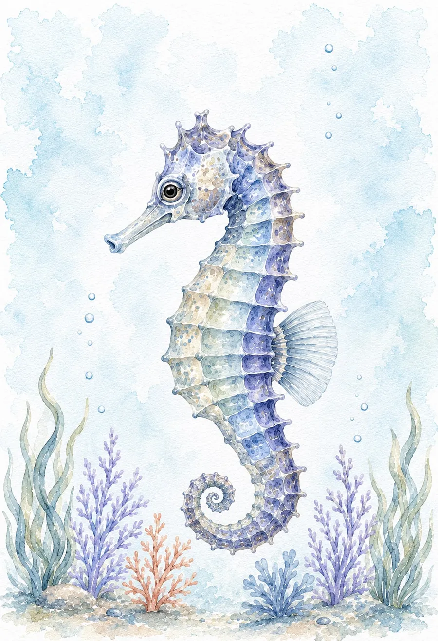 Caballito de mar azul y lila de perfil con la cola en espiral entre algas y corales, acuarela pastel detallada