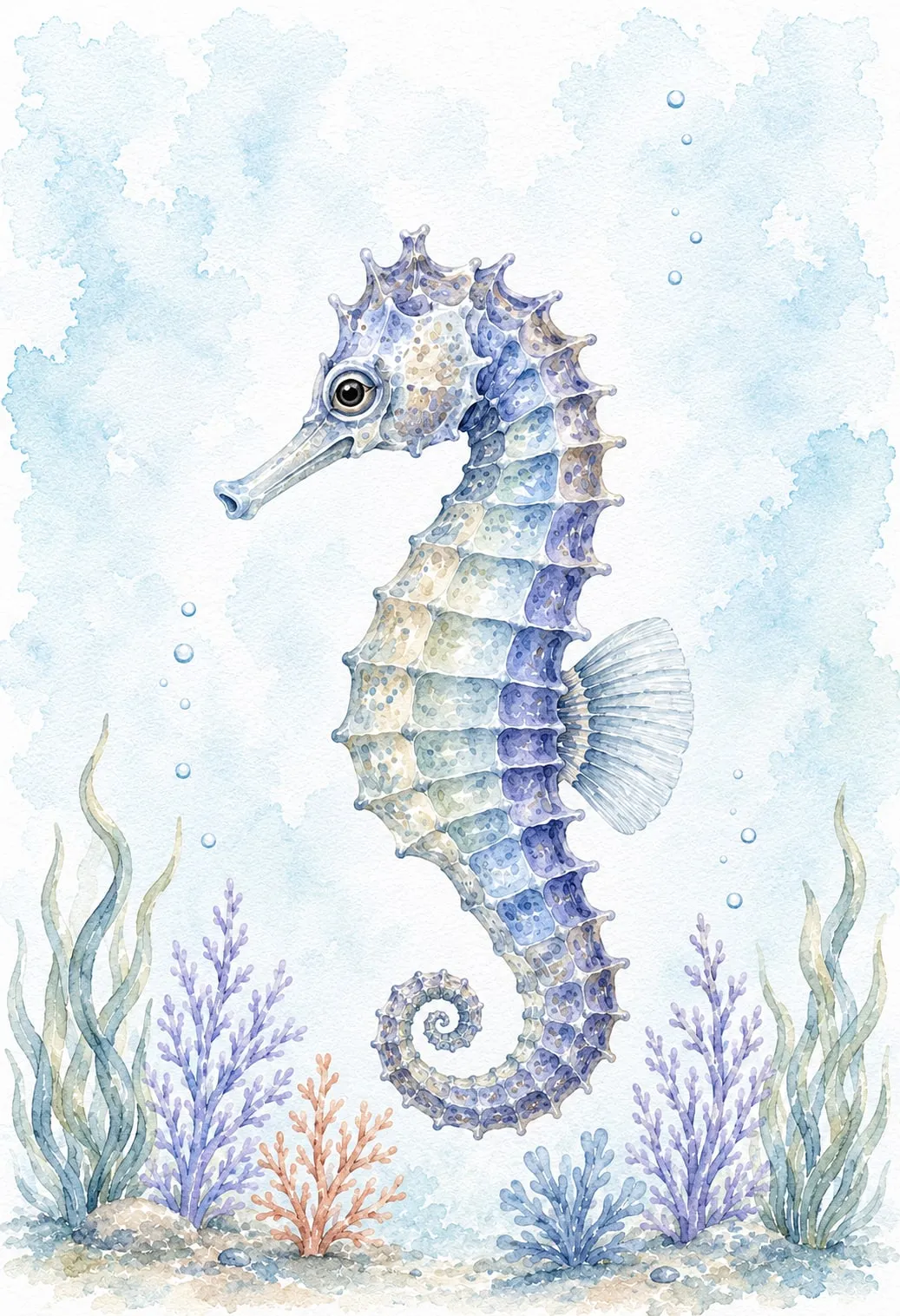 Caballito de mar azul y lila de perfil con la cola en espiral entre algas y corales, acuarela pastel detallada