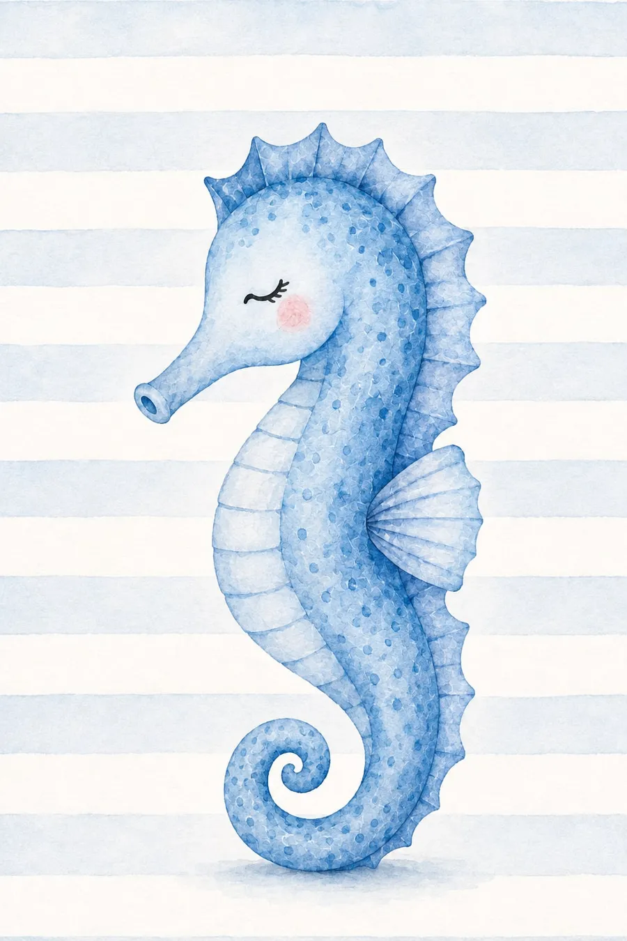 Caballito de mar celeste dormido con pestañas y mejilla rosada, dibujo de trazo redondeado sobre fondo de franjas marineras celestes y crema