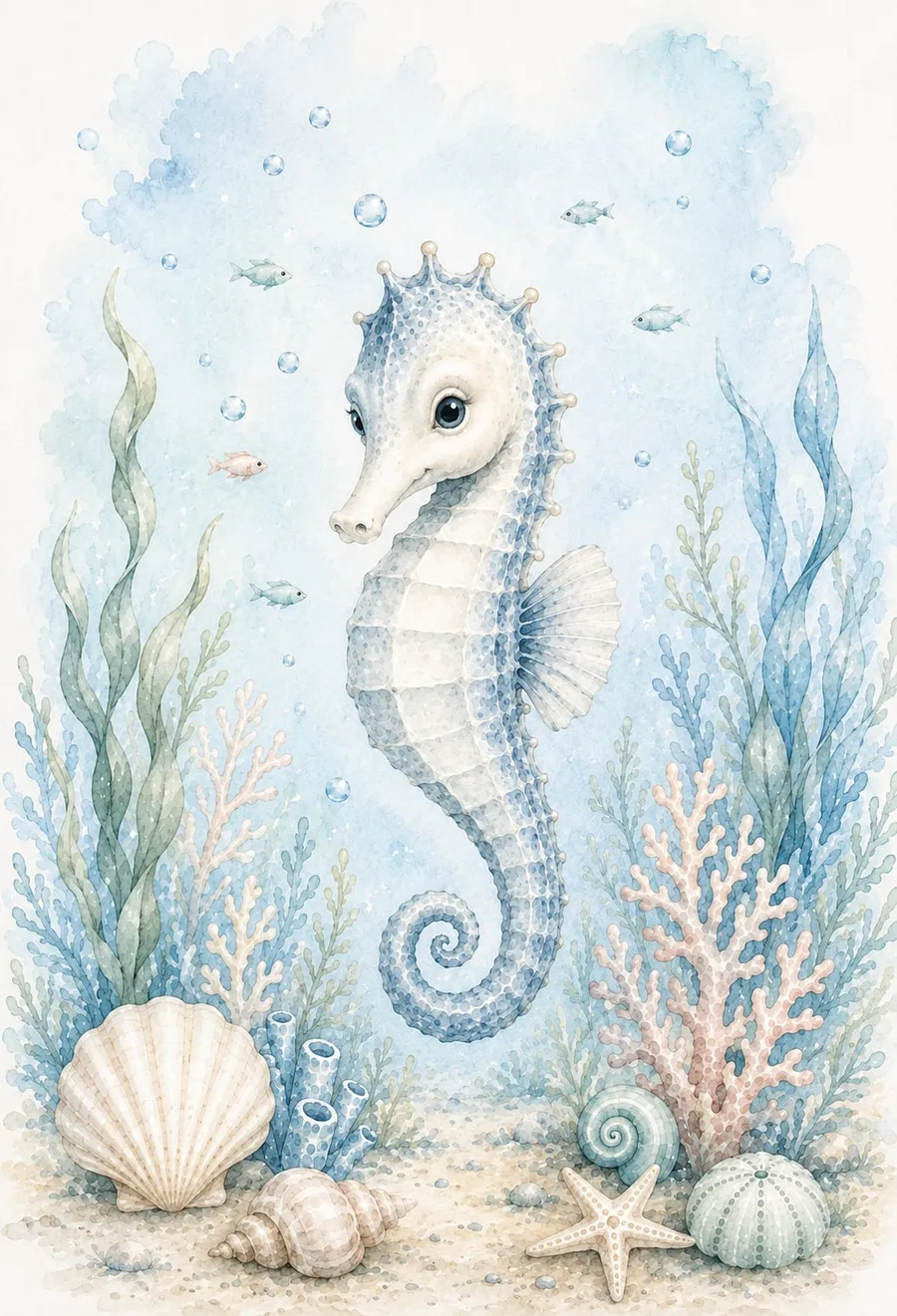 Caballito de mar de perfil con la aleta desplegada entre corales rosados, algas y esponjas, acuarela pastel