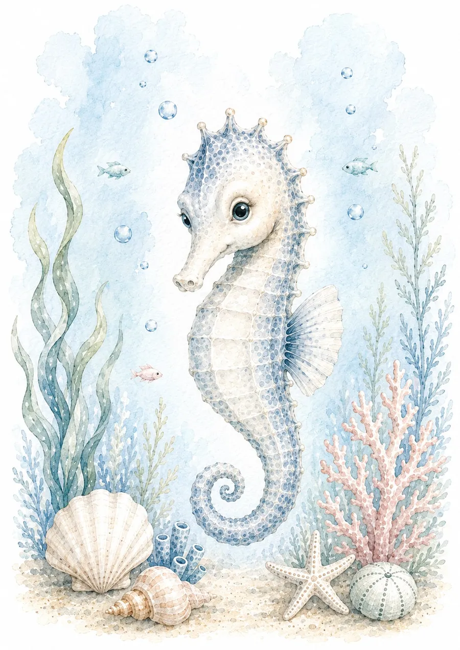 Caballito de mar de perfil entre algas, corales, caracolas y una estrella de mar, acuarela pastel celeste