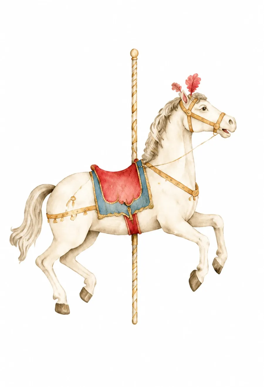 Caballo blanco de carrusel al trote sobre su barra dorada en espiral, con montura roja y azul y plumas rojas en la cabeza; acuarela vintage en blanco, dorado y rojo.