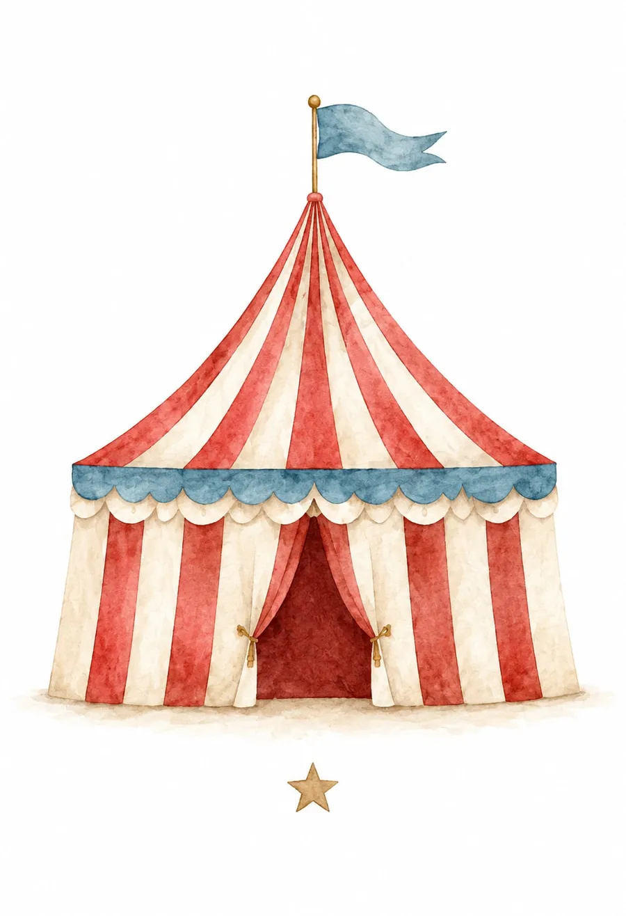 Carpa de circo redonda a rayas rojas y crema con cenefa festoneada azul, bandera ondeante en el mástil y una estrella dorada a sus pies; acuarela vintage en rojo, crema y azul.