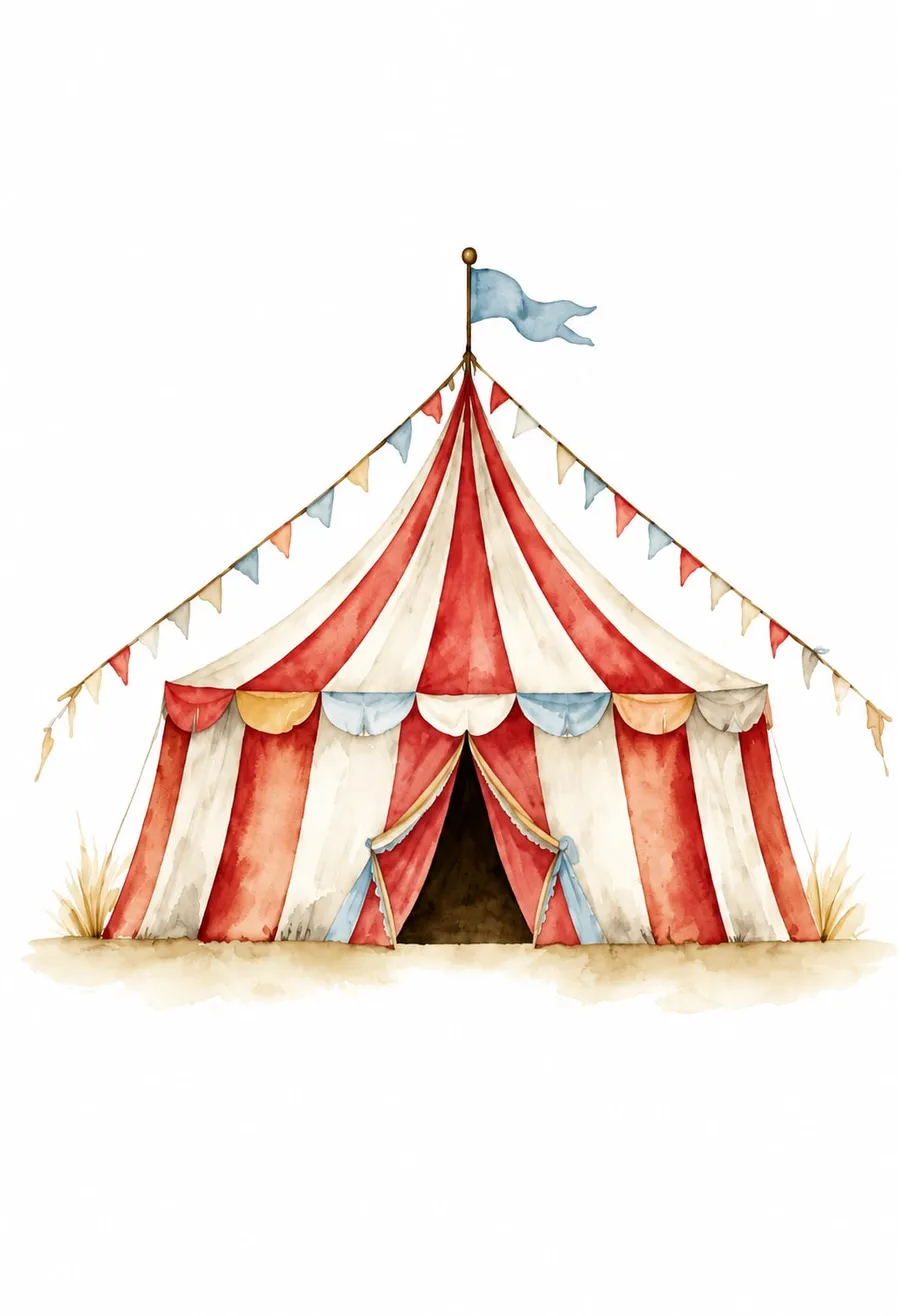Carpa de circo a rayas rojas y crema con guirnaldas de banderines a ambos lados, bandera azul en la punta y matas de hierba en la base; acuarela vintage en rojo, crema y celeste.