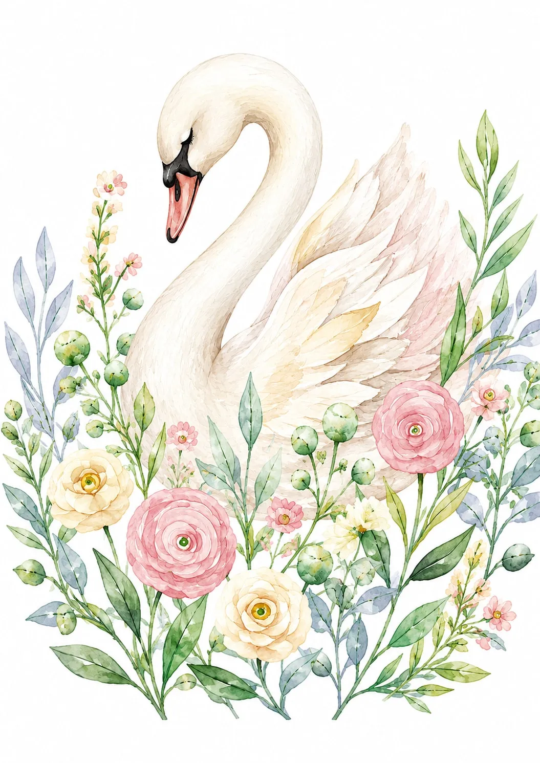 Cisne blanco de cuello curvado y plumaje con toques rosa y dorado, posado sobre un lecho de ranúnculos rosa y crema en acuarela