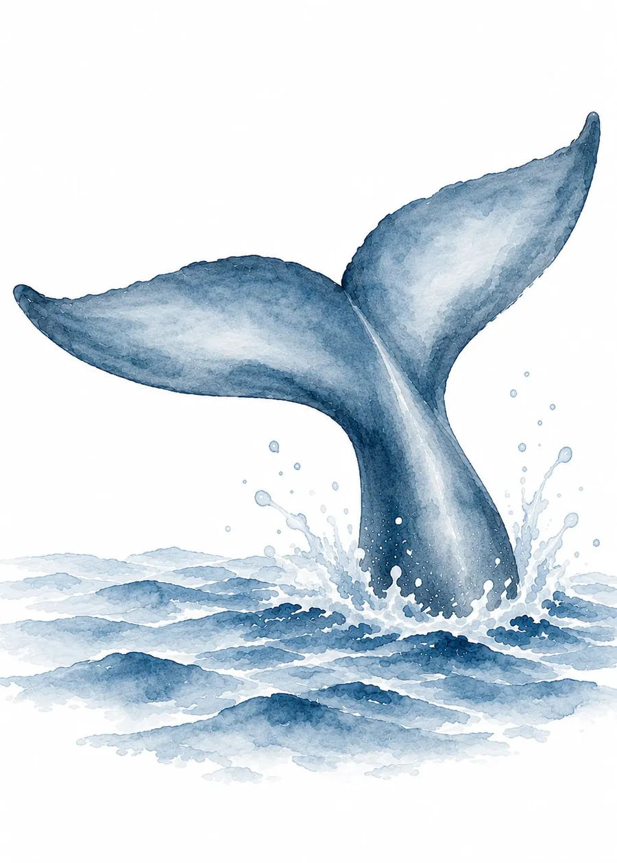 Cola de ballena inclinada hundiéndose entre olas encrespadas, acuarela azul grisácea sobre fondo blanco