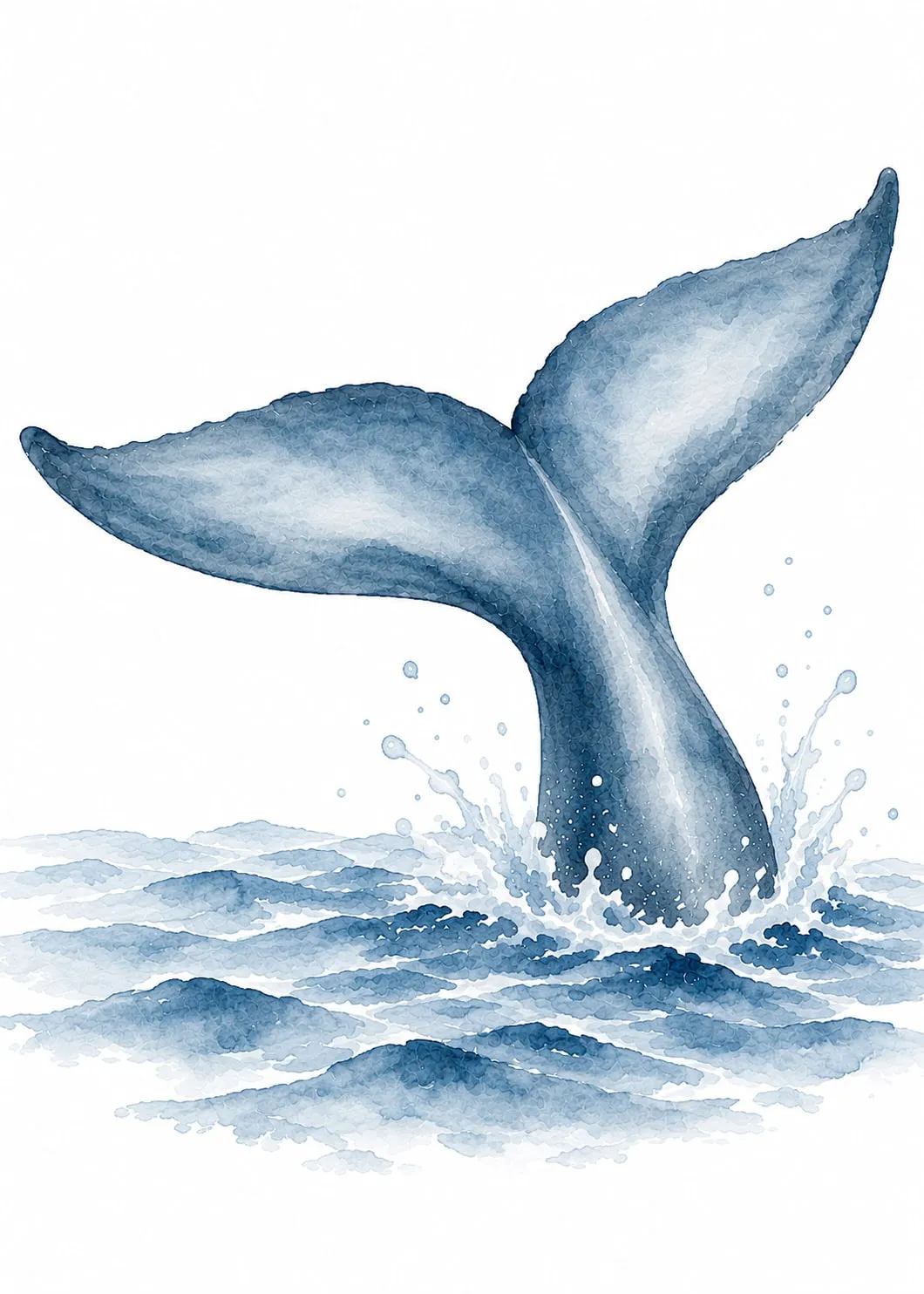 Cola de ballena inclinada hundiéndose entre olas encrespadas, acuarela azul grisácea sobre fondo blanco