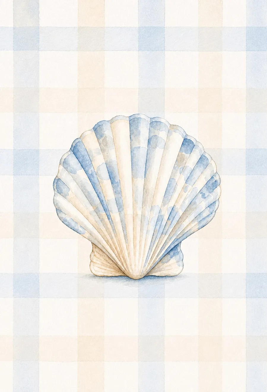 Concha de vieira moteada en azul y crema sobre un fondo de cuadrillé pastel en celeste y arena, en acuarela.