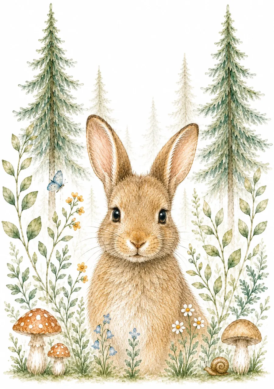 Retrato de un conejo de orejas erguidas rodeado de margaritas, campanillas azules, flores amarillas, hongos, una mariposa y un caracol, con abetos difuminados al fondo, acuarela en tonos tierra y verdes suaves