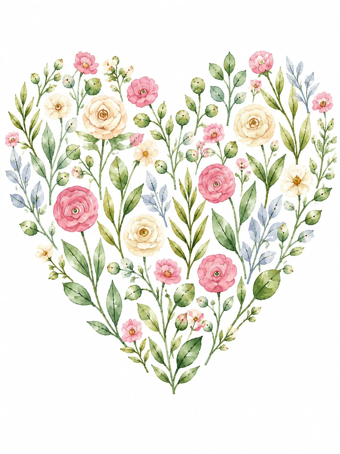 Corazón compuesto por decenas de flores pequeñas —rosas rosadas y crema, capullos y hojas verdes y azuladas— en acuarela sobre fondo blanco