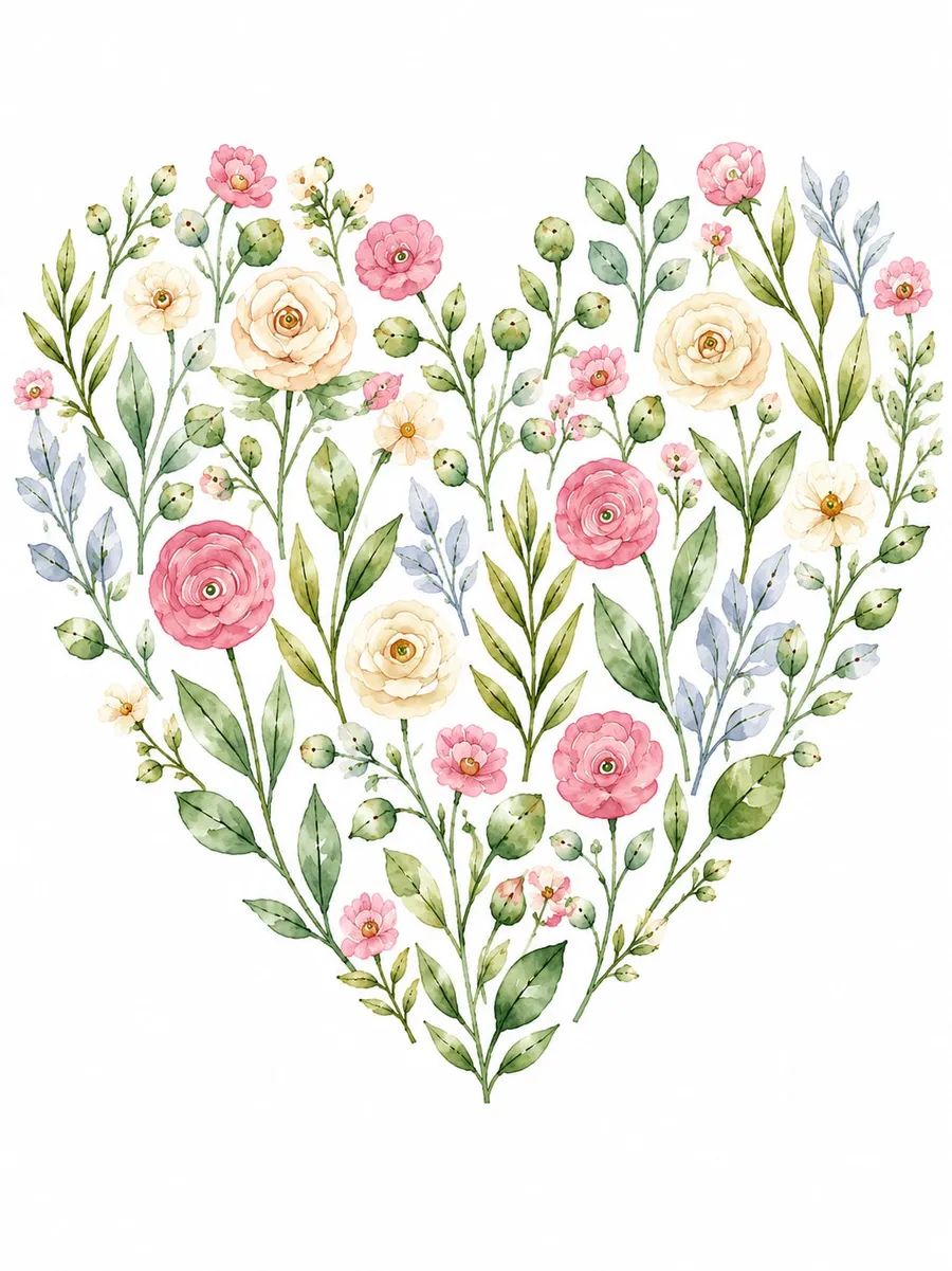 Corazón compuesto por decenas de flores pequeñas —rosas rosadas y crema, capullos y hojas verdes y azuladas— en acuarela sobre fondo blanco