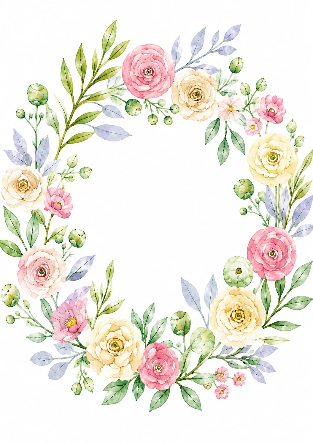 Corona ovalada de rosas rosadas, amarillas y crema con capullos y hojas verdes y lila, con el centro en blanco, en acuarela pastel