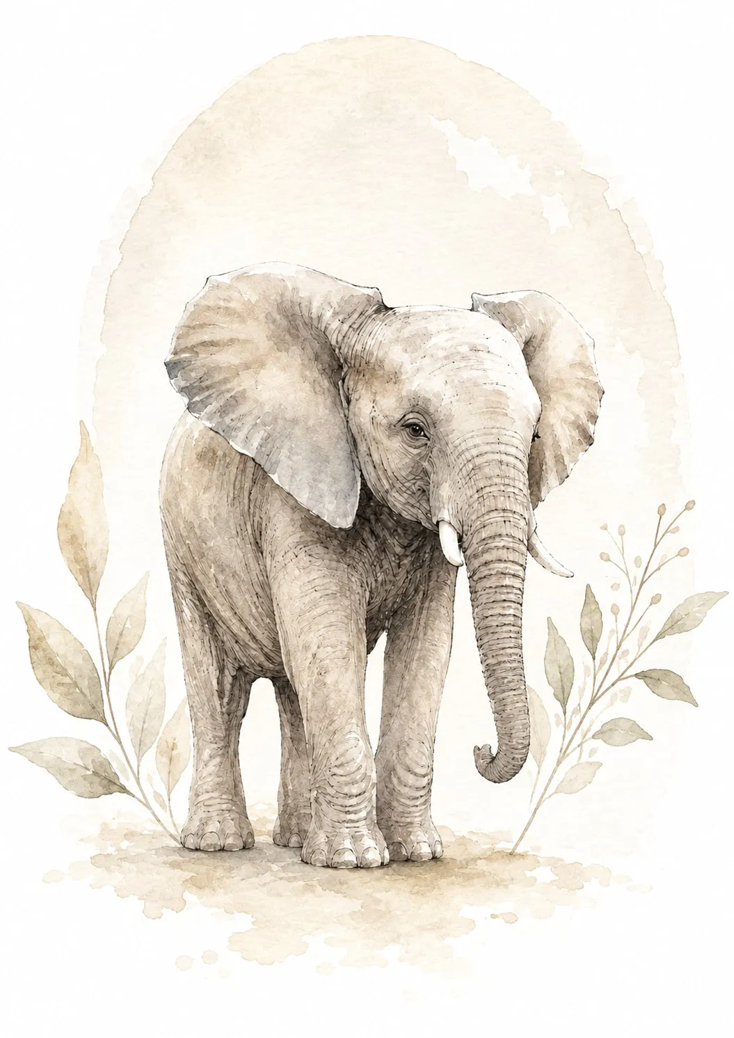 Cría de elefante de pie con las orejas grandes desplegadas y la trompa enroscada hacia adentro, entre hojas de acuarela sobre un óvalo sepia, en blanco y negro.