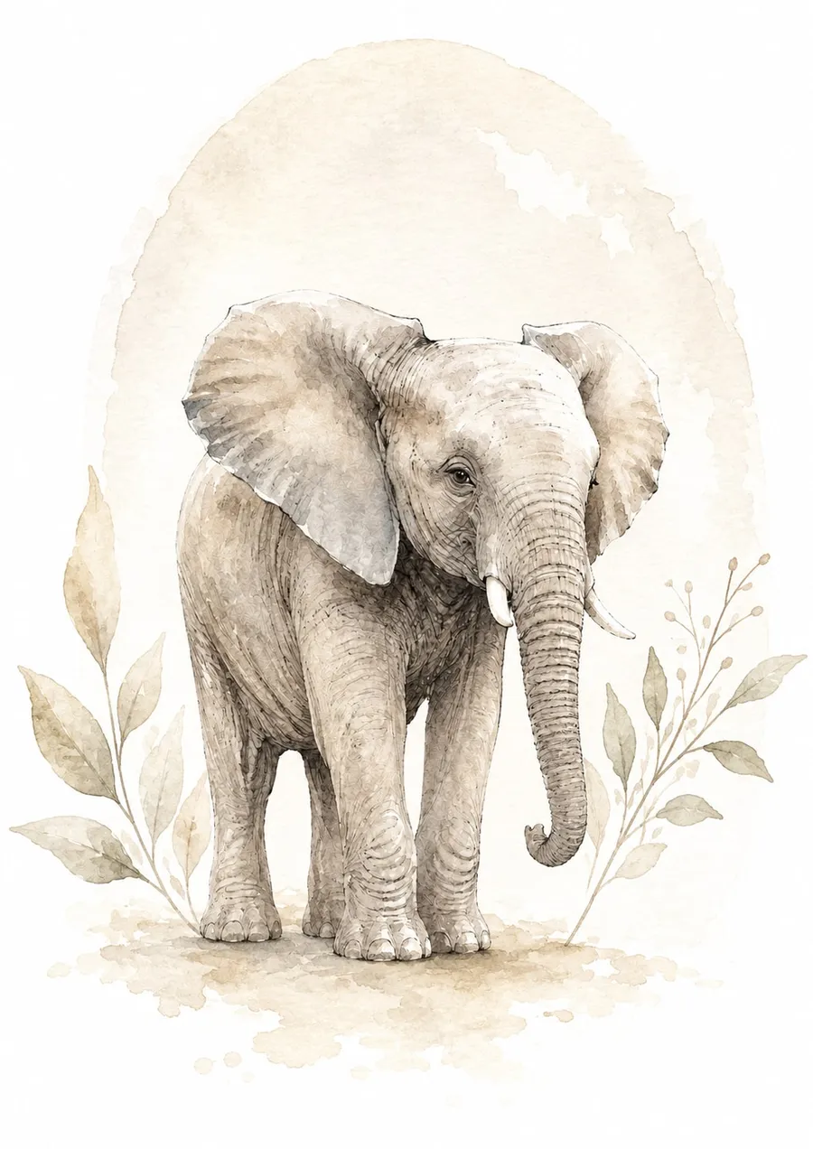 Cría de elefante de pie con las orejas grandes desplegadas y la trompa enroscada hacia adentro, entre hojas de acuarela sobre un óvalo sepia, en blanco y negro.