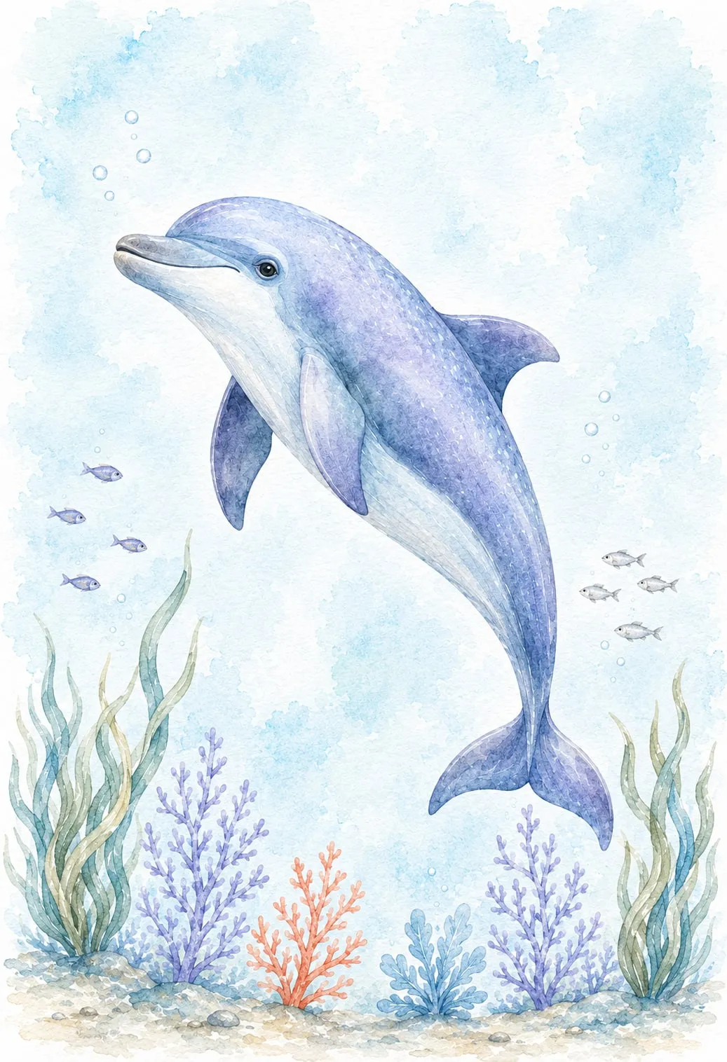 Delfín saltando en arco sobre un lecho de corales y algas, con pececitos alrededor, acuarela pastel celeste y lila