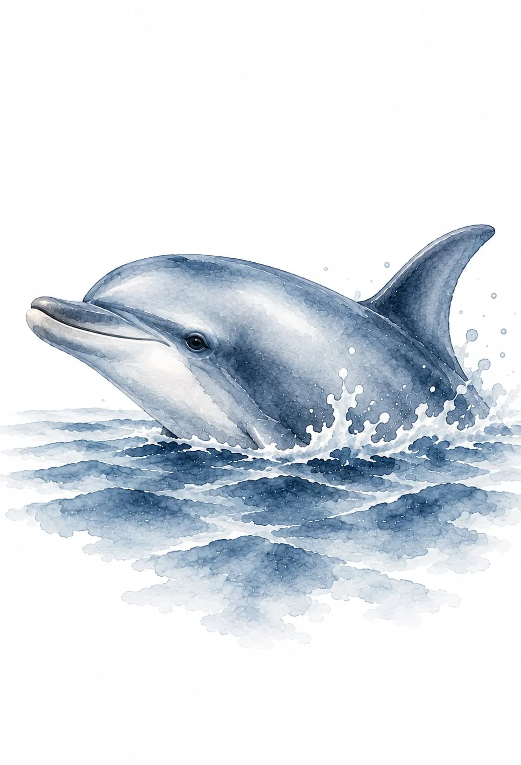 Delfín sonriente asomando la cabeza y la aleta dorsal en la superficie del mar, acuarela azul grisácea sobre fondo blanco
