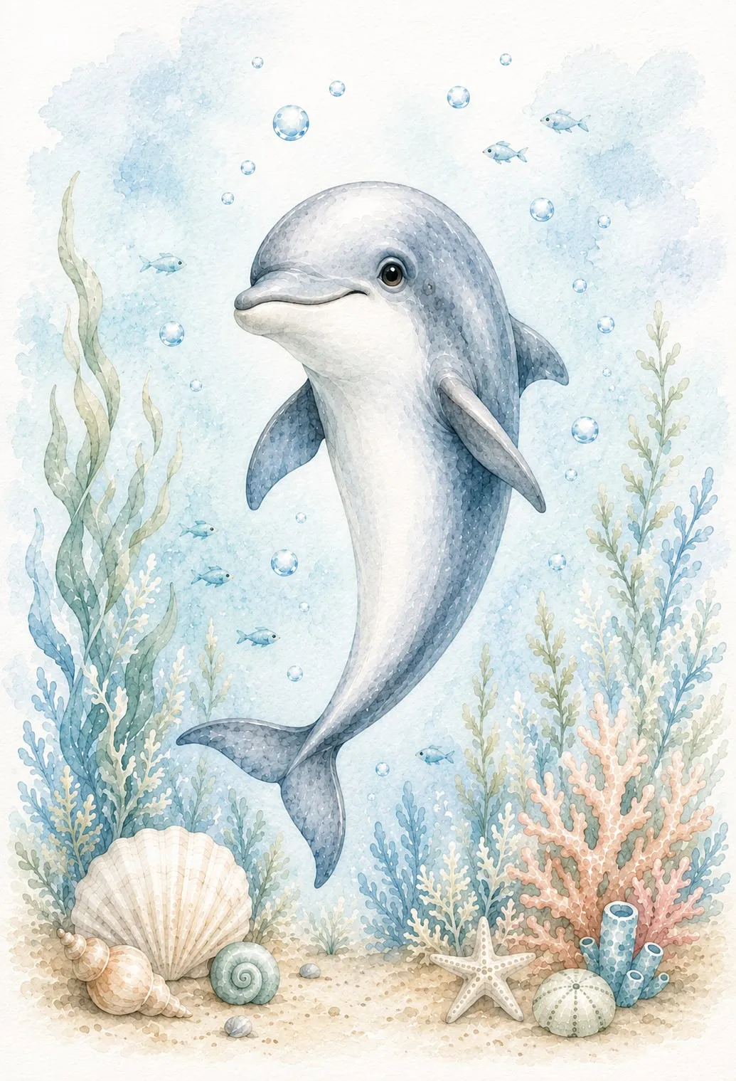 Delfín sonriente nadando erguido entre algas y corales con pececitos y burbujas alrededor, acuarela pastel celeste