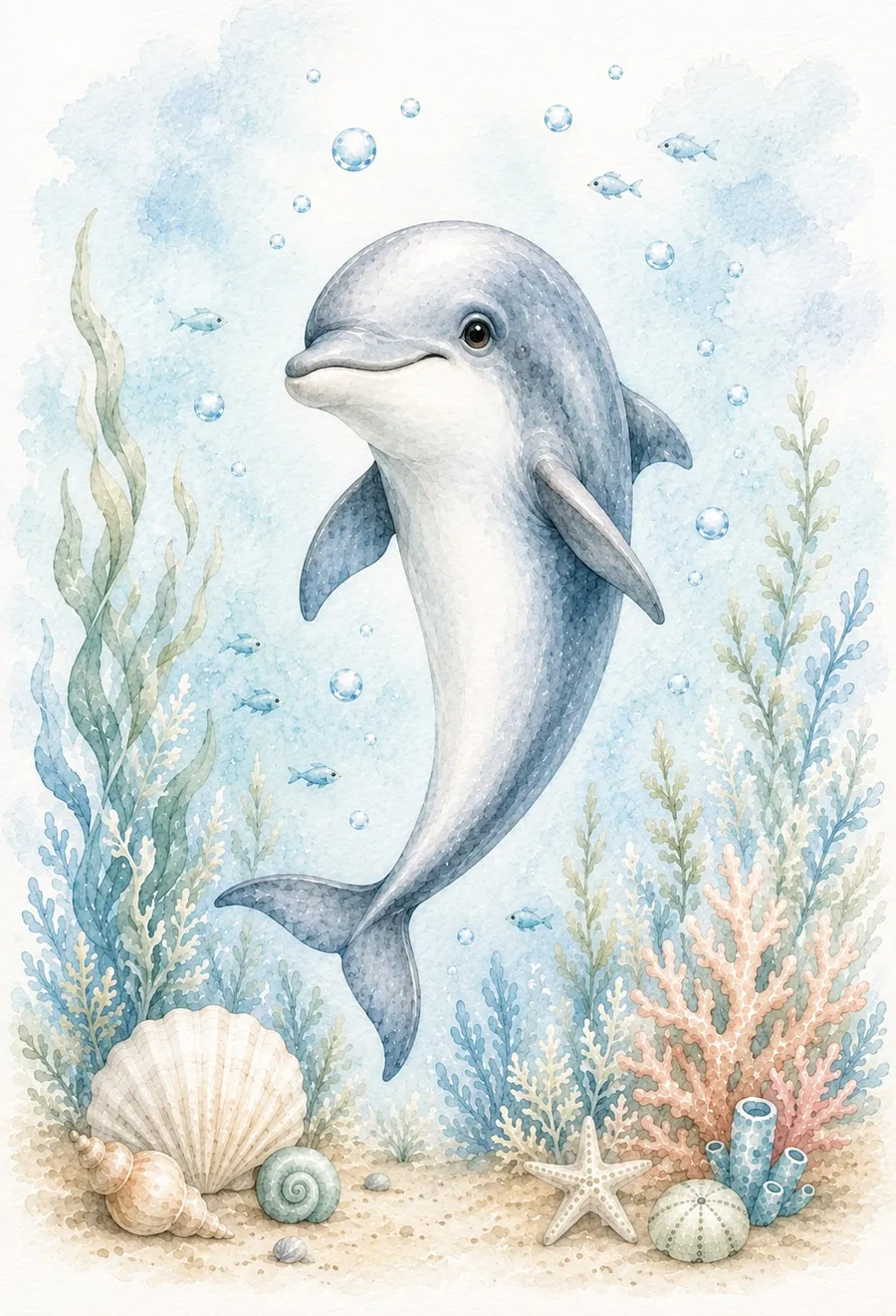 Delfín sonriente nadando erguido entre algas y corales con pececitos y burbujas alrededor, acuarela pastel celeste
