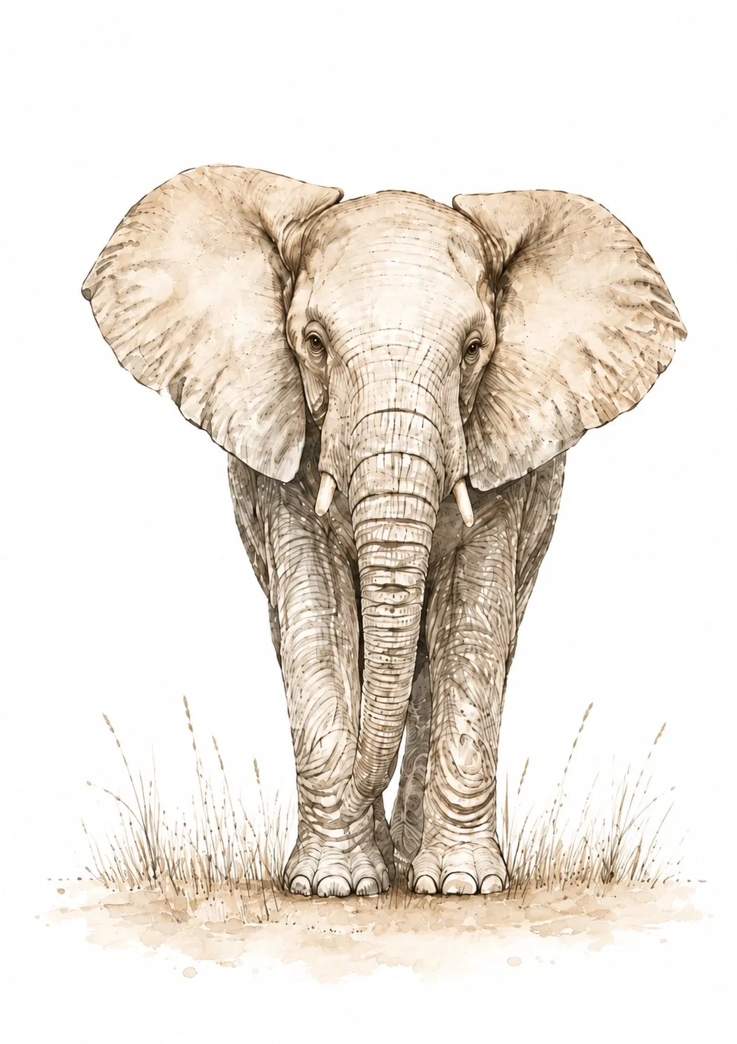 Elefante adulto de frente con las orejas desplegadas y la trompa colgando, de pie entre pastos altos y secos, ilustración en blanco y negro con aguadas sepia.