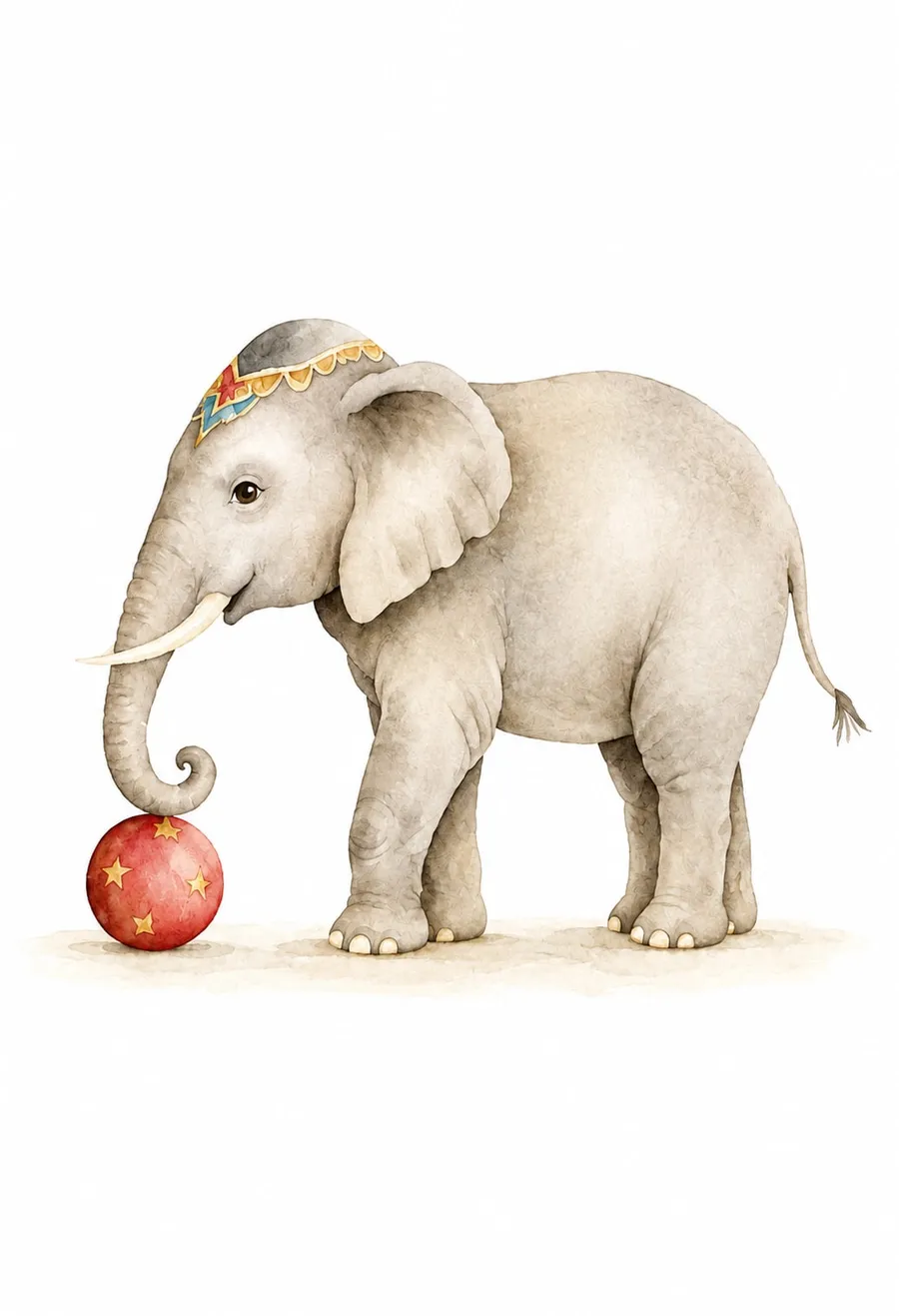 Elefante adulto con colmillos y tocado decorado apoya la trompa enroscada sobre una pelota roja con estrellas doradas; acuarela vintage en gris pardo y rojo.
