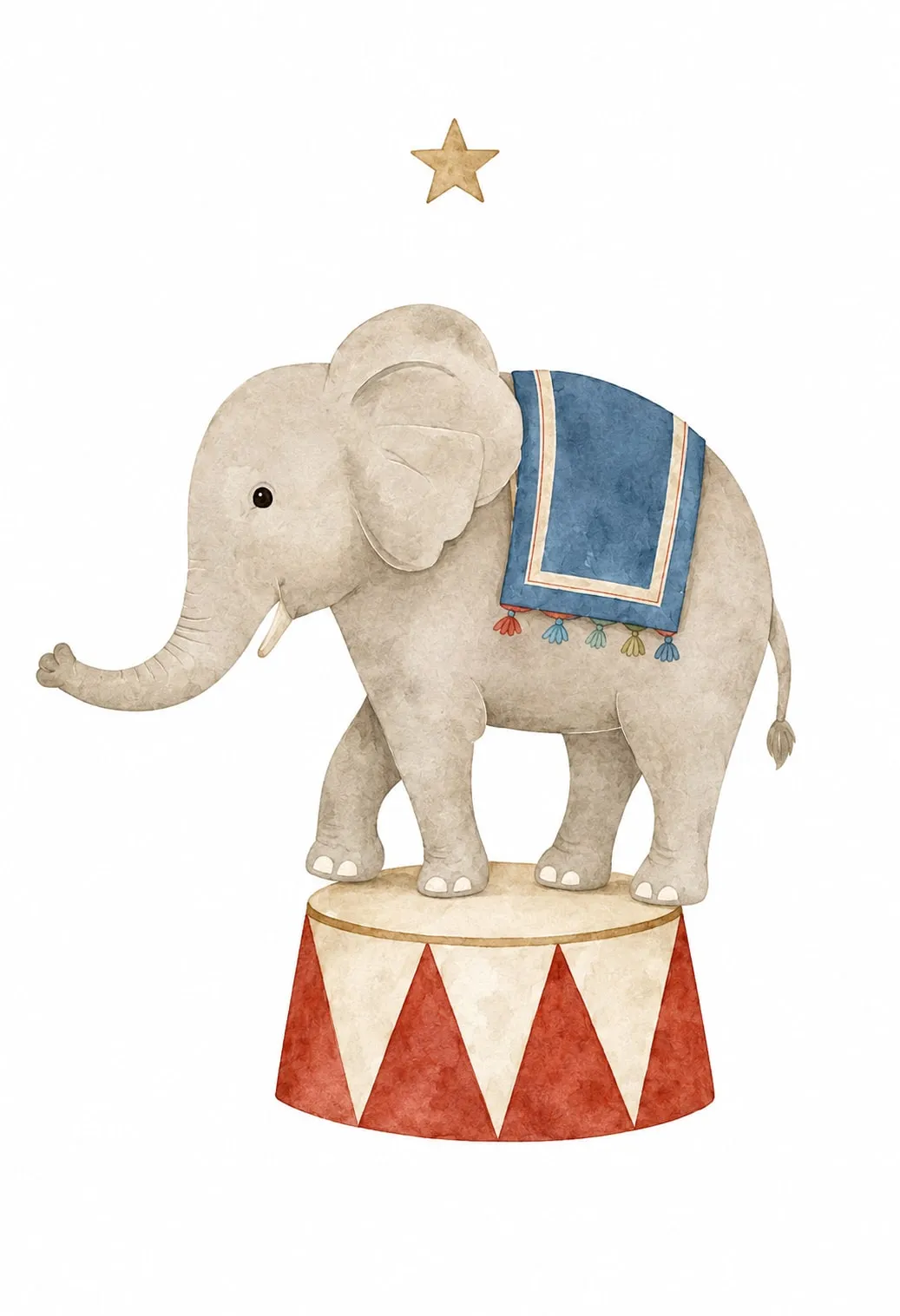 Elefante con manta azul de flecos de colores se para sobre un podio de circo rojo y crema bajo una estrella dorada; acuarela vintage en beige, rojo apagado y azul.