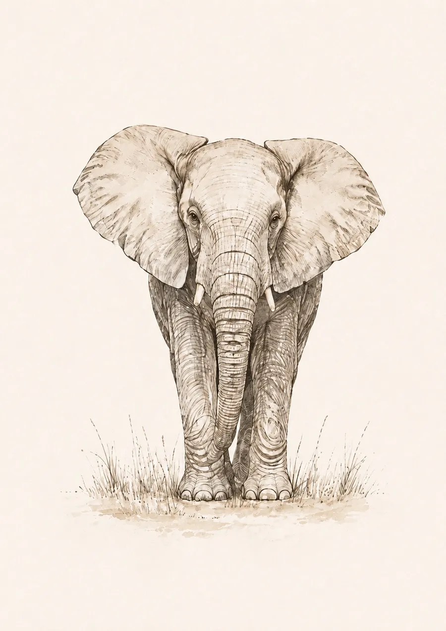 Elefante en tinta sepia, de frente y con las orejas desplegadas, con pasto seco a los pies y sin ningún color verde