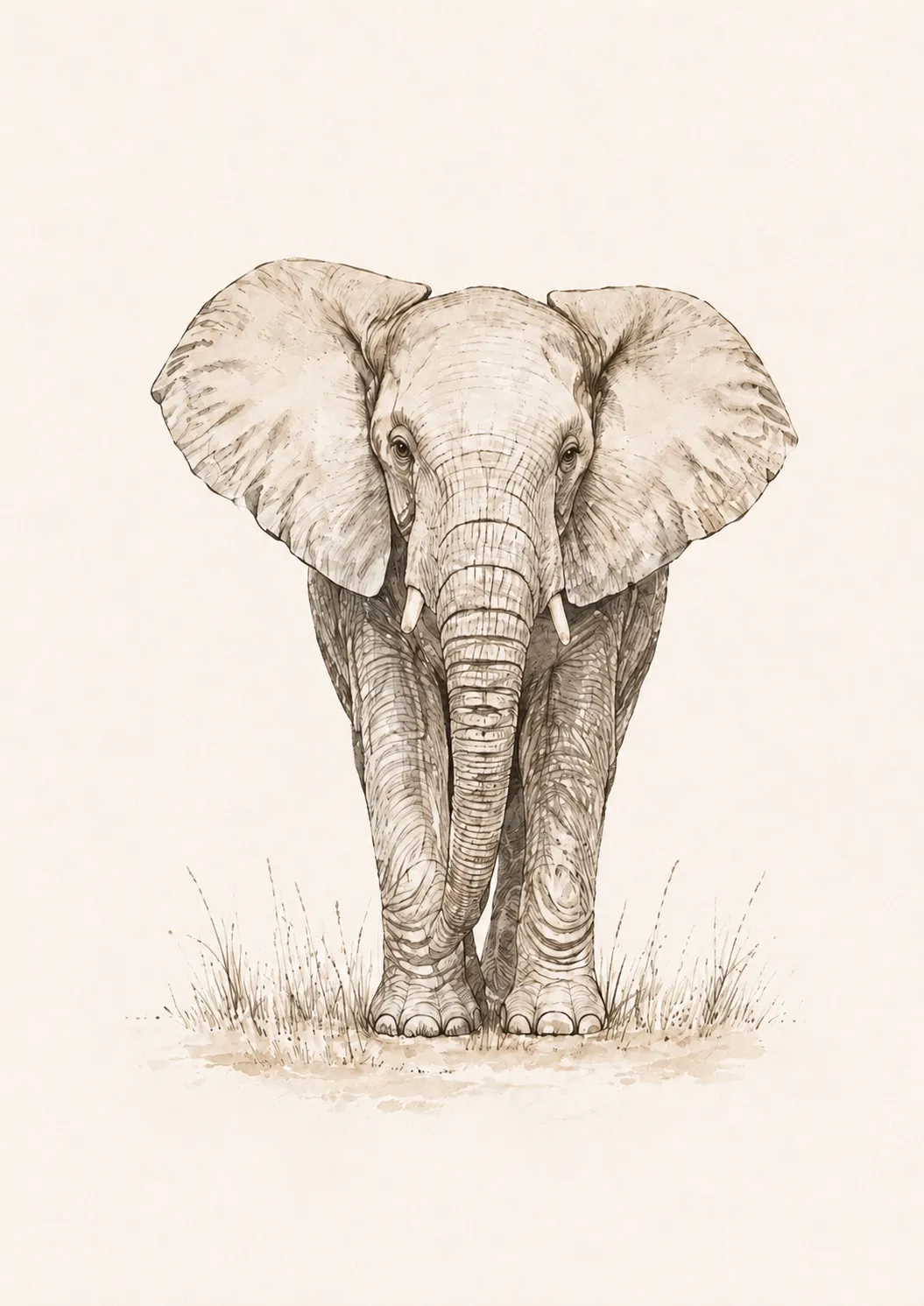 Elefante en tinta sepia, de frente y con las orejas desplegadas, con pasto seco a los pies y sin ningún color verde