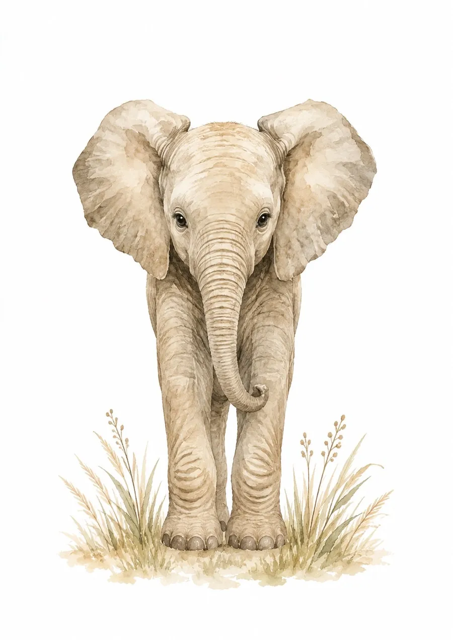 Elefante bebé en acuarela, de pie y de frente, con las orejas muy abiertas y la trompa enroscada, entre pastos altos