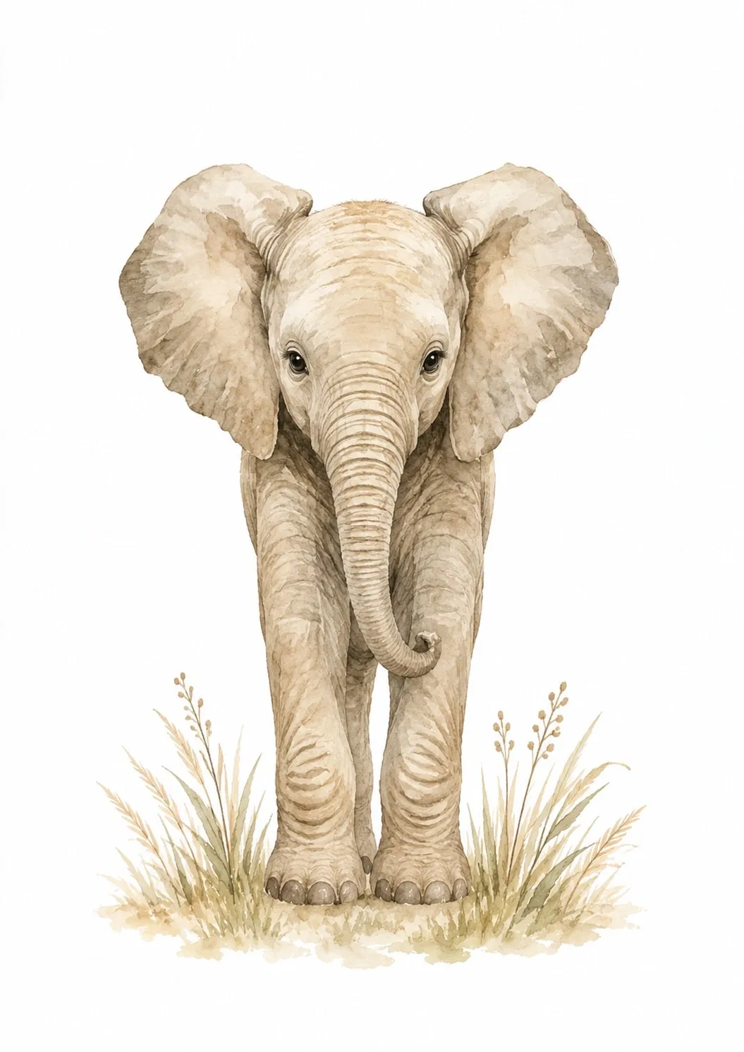 Elefante bebé en acuarela, de pie y de frente, con las orejas muy abiertas y la trompa enroscada, entre pastos altos