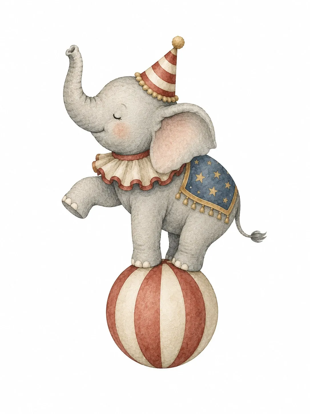 Elefante bebé con gorro de fiesta y manta azul de estrellas se balancea sobre una pelota rayada con los ojos cerrados y gesto sereno; acuarela vintage en rojo apagado, azul y crema.