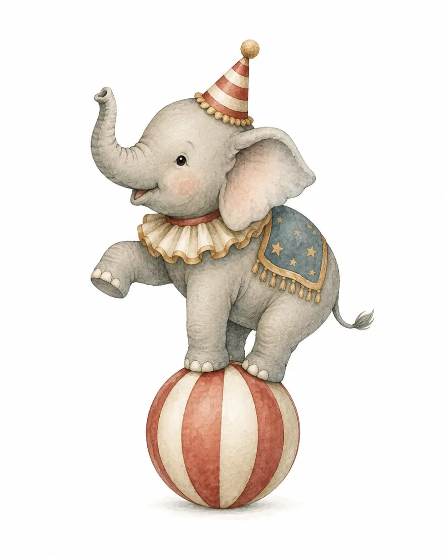 Elefante bebé con gorro de fiesta a rayas y cuello de volantes hace equilibrio sobre una gran pelota rayada roja y crema, con la trompa en alto y una pata delantera levantada; acuarela vintage en rojos apagados, azul y gris suave.