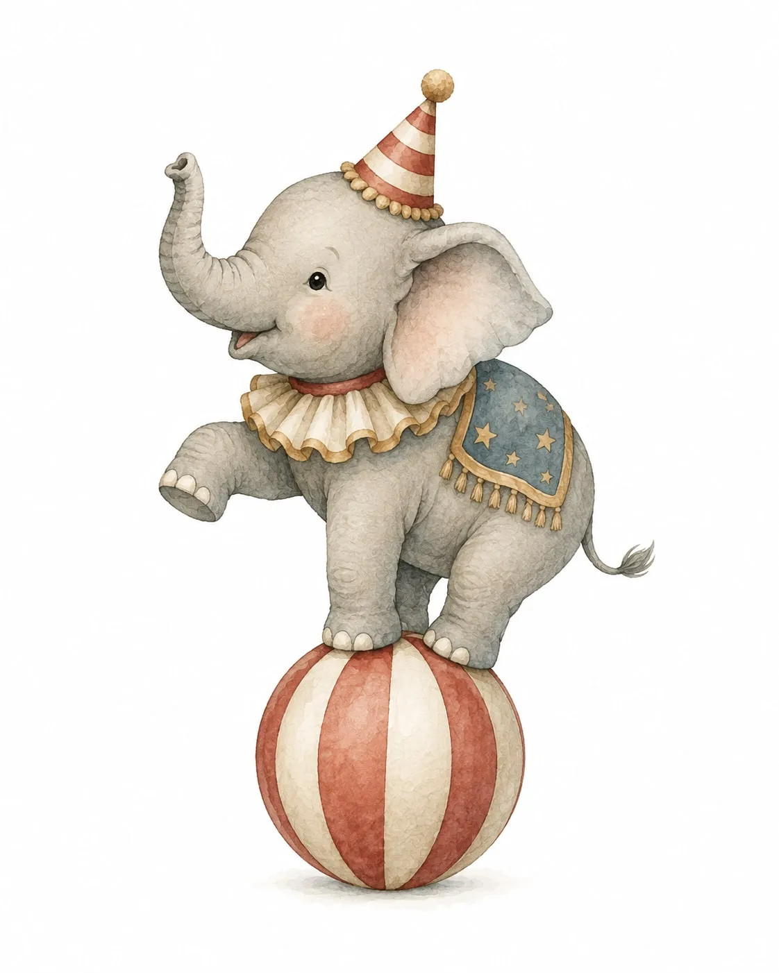 Elefante bebé con gorro de fiesta a rayas y cuello de volantes hace equilibrio sobre una gran pelota rayada roja y crema, con la trompa en alto y una pata delantera levantada; acuarela vintage en rojos apagados, azul y gris suave.