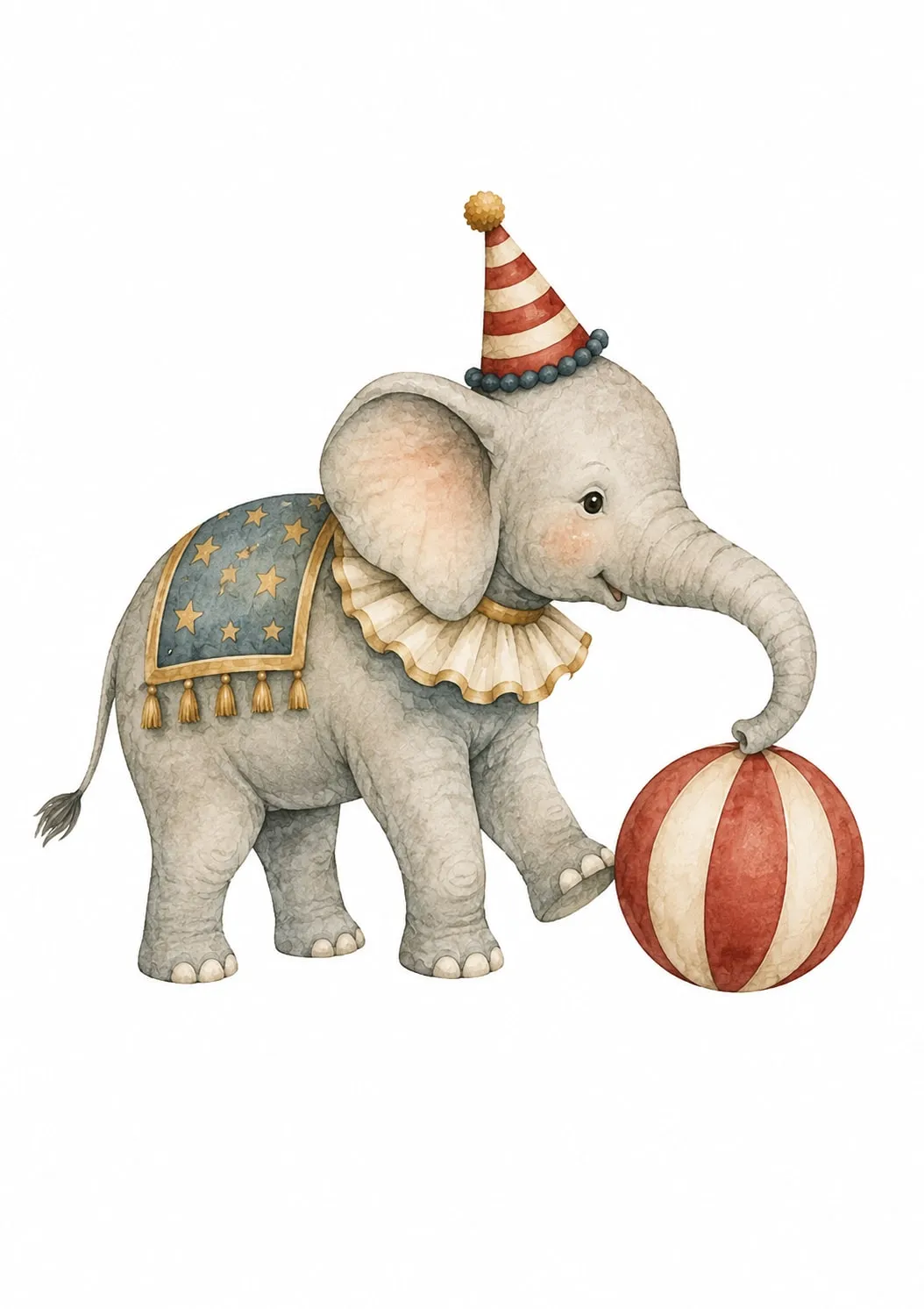 Elefante bebé de pie con gorro de fiesta, cuello de volantes y manta azul de estrellas apoya la trompa sobre una pelota rayada roja y crema; acuarela vintage en tonos suaves.