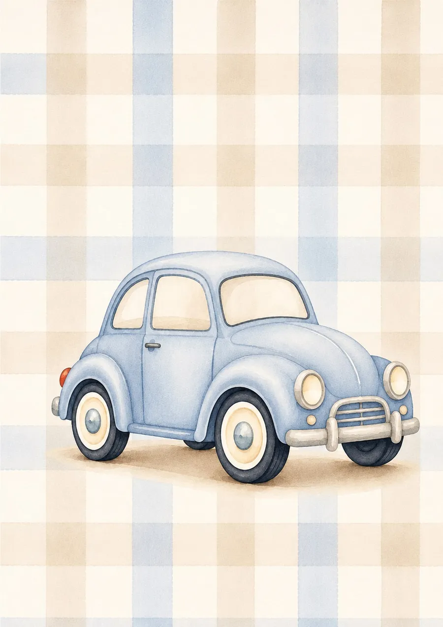 Auto clásico tipo escarabajo azul pastel sobre fondo de cuadros beige y celeste, acuarela infantil
