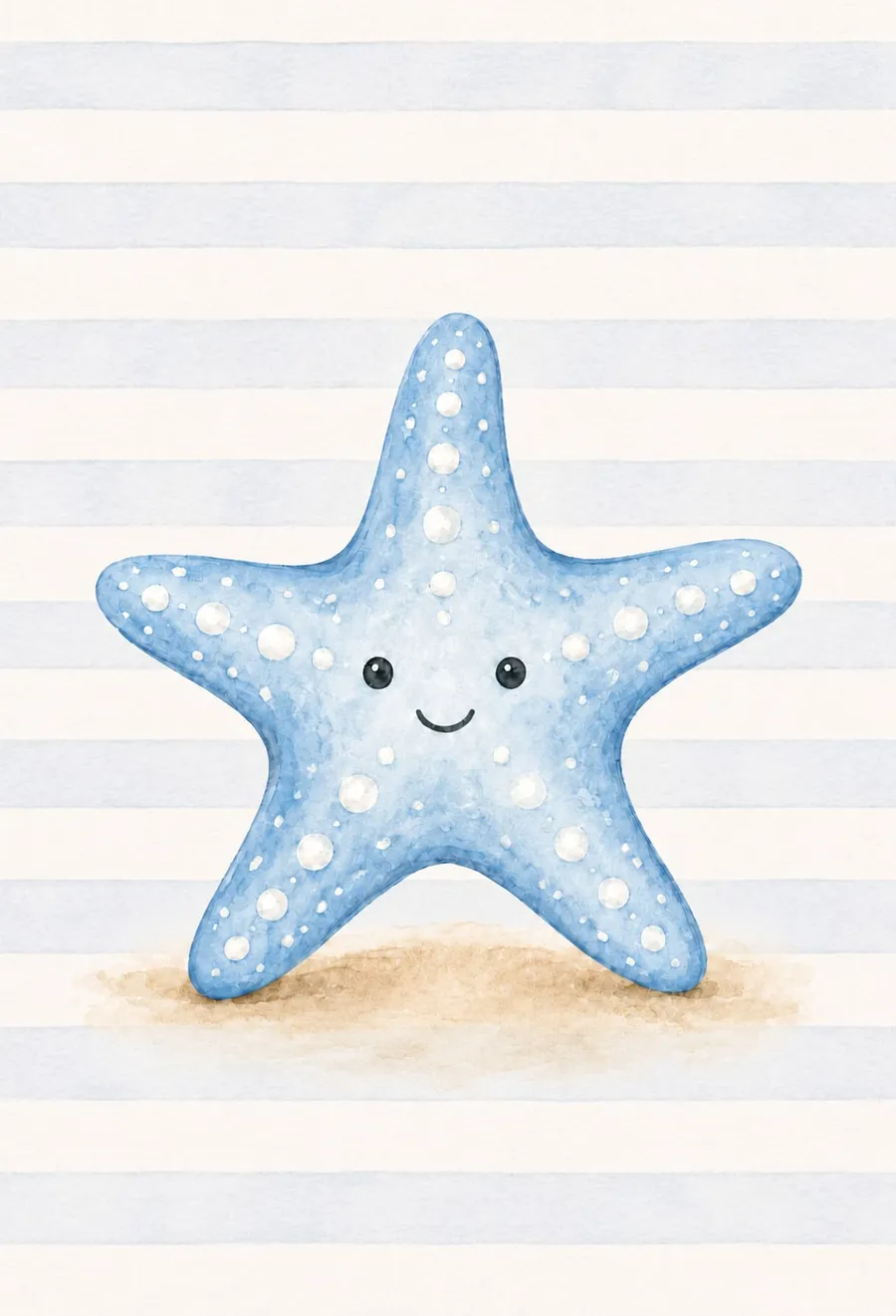Estrella de mar celeste sonriente de pie sobre un montoncito de arena, dibujo de trazo redondeado sobre fondo de franjas marineras celestes y crema