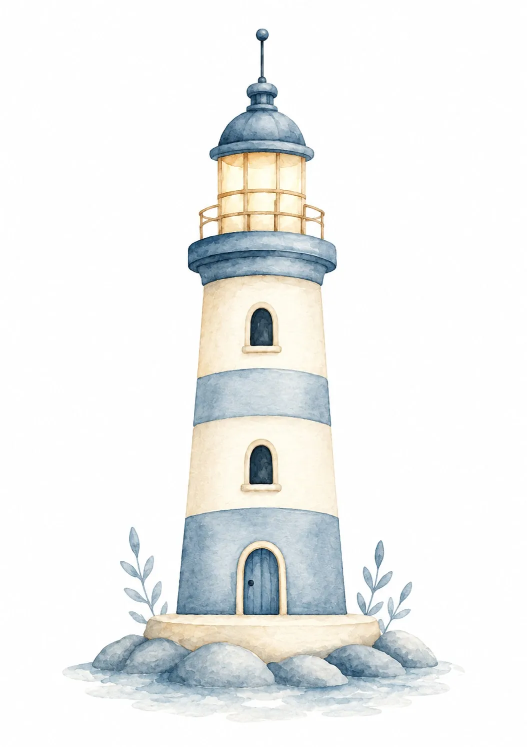 Faro crema y azul con lámpara dorada encendida sobre un islote de rocas con ramitas azules, en acuarela pastel.