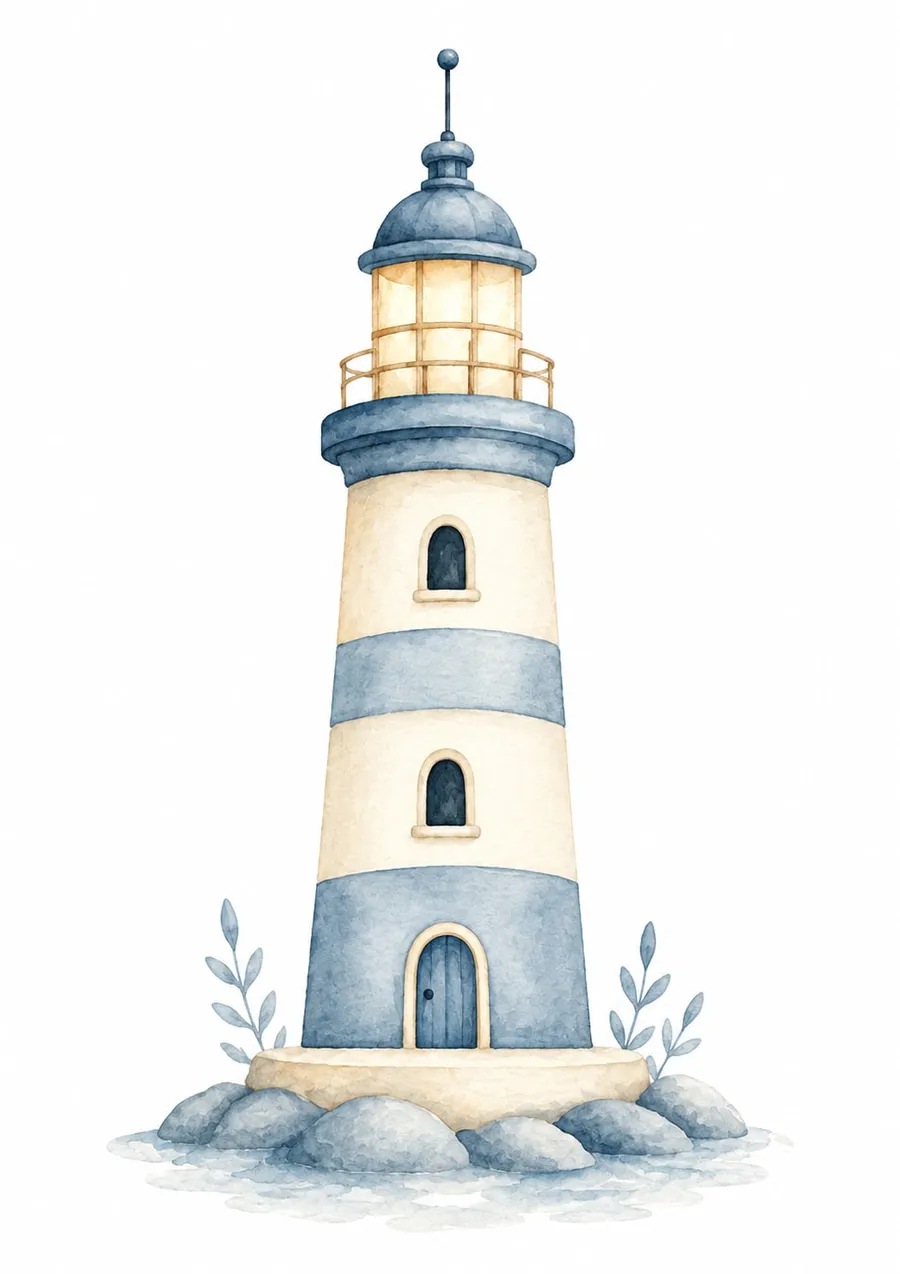 Faro crema y azul con lámpara dorada encendida sobre un islote de rocas con ramitas azules, en acuarela pastel.
