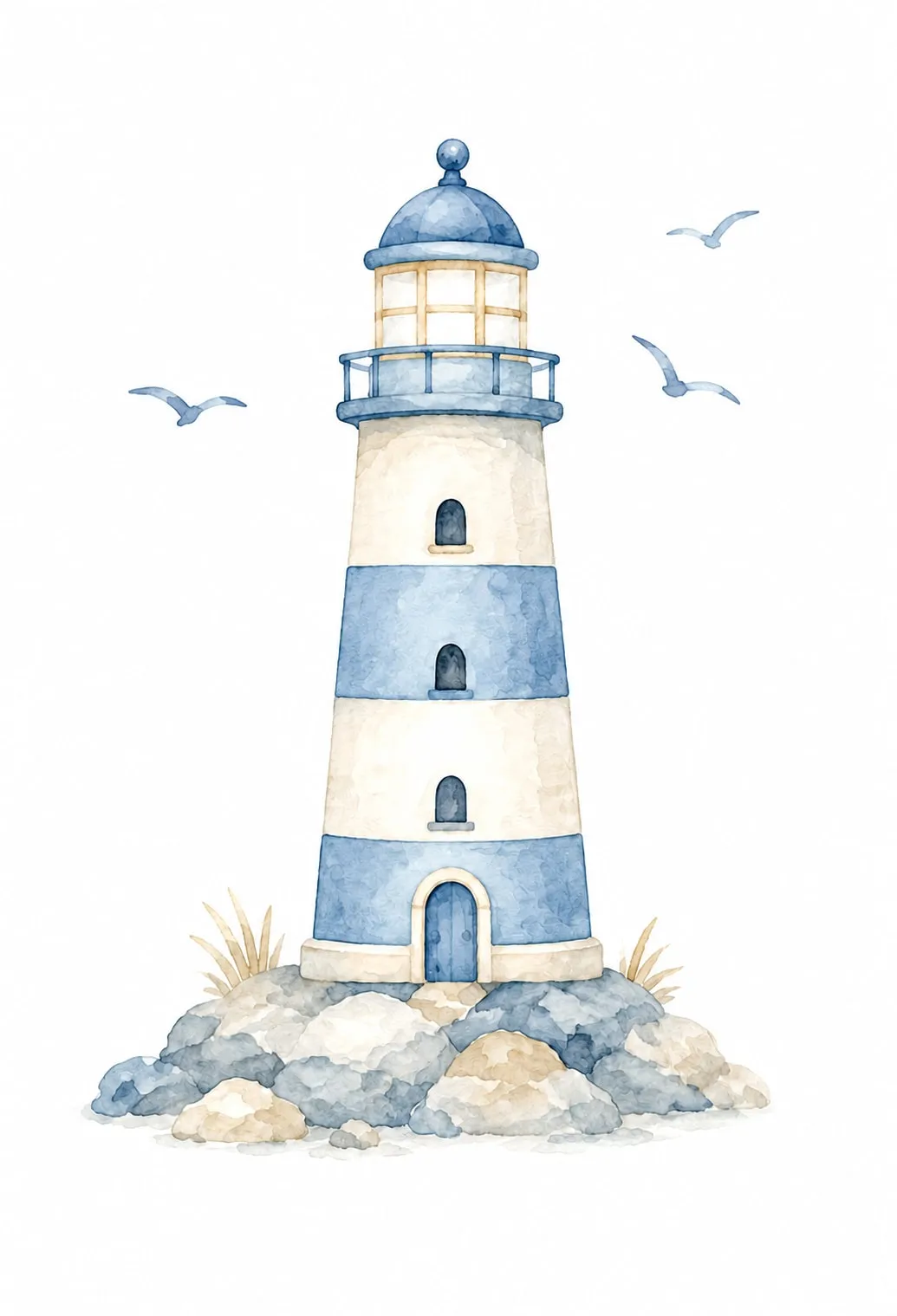 Faro de franjas azules y blancas sobre rocas con tres gaviotas volando alrededor, en acuarela pastel.
