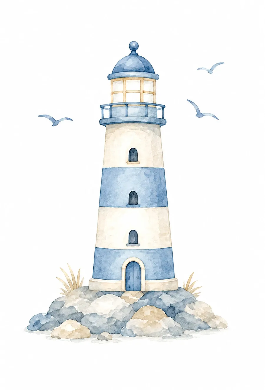 Faro de franjas azules y blancas sobre rocas con tres gaviotas volando alrededor, en acuarela pastel.