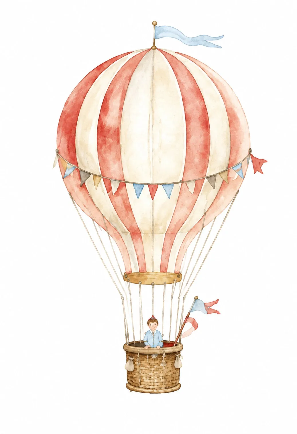 Globo aerostático a rayas rojas y crema con guirnalda de banderines y un niño asomado en la canasta de mimbre con su banderín; acuarela vintage en rojo, crema y celeste.